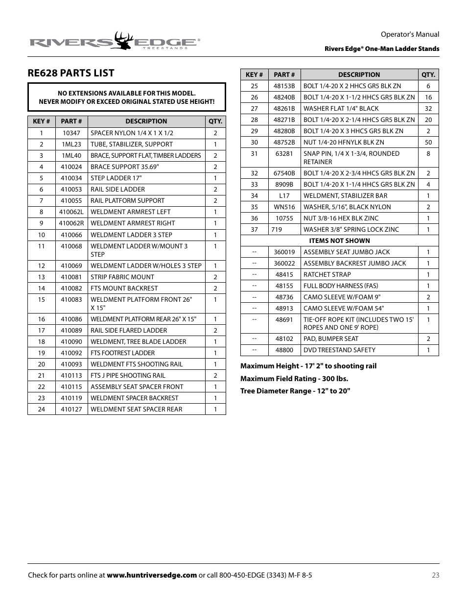 Re628 parts list | Rivers Edge RE627 Oasis User Manual | Page 23 / 40
