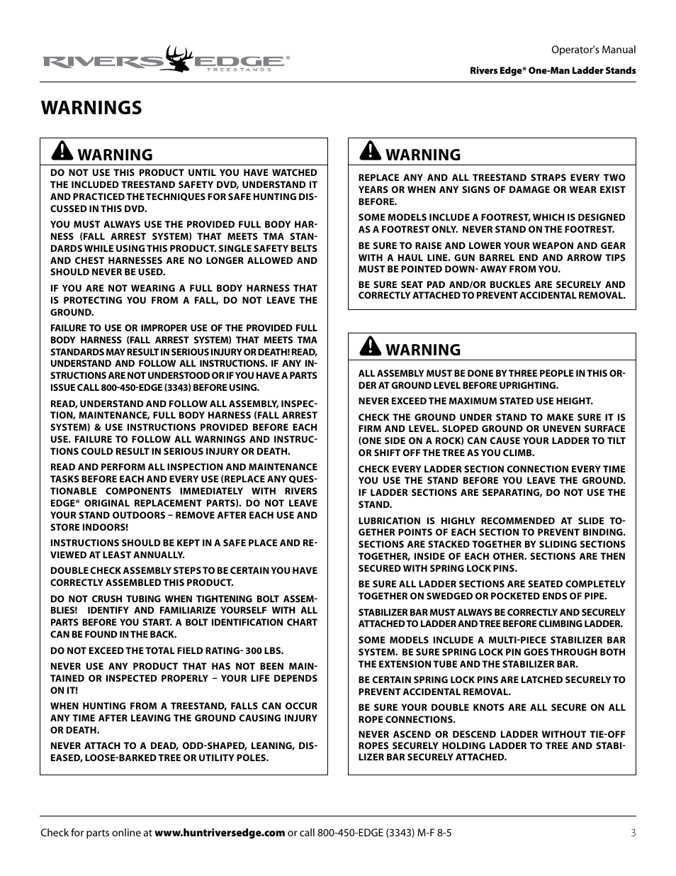 Warnings, Warning | Rivers Edge RE627 Oasis User Manual | Page 3 / 40