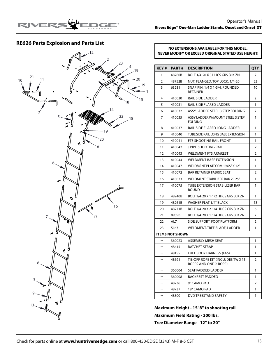 Re626 parts explosion and parts list | Rivers Edge RE625 Onset User Manual | Page 13 / 20