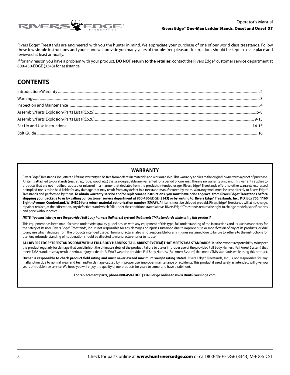Rivers Edge RE625 Onset User Manual | Page 2 / 20