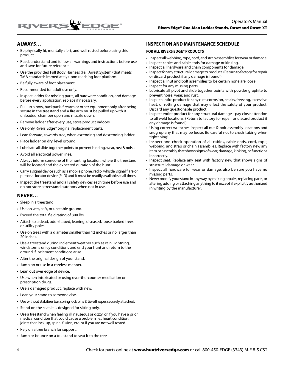 Inspection and maintenance schedule, Always, Never | Rivers Edge RE625 Onset User Manual | Page 4 / 20