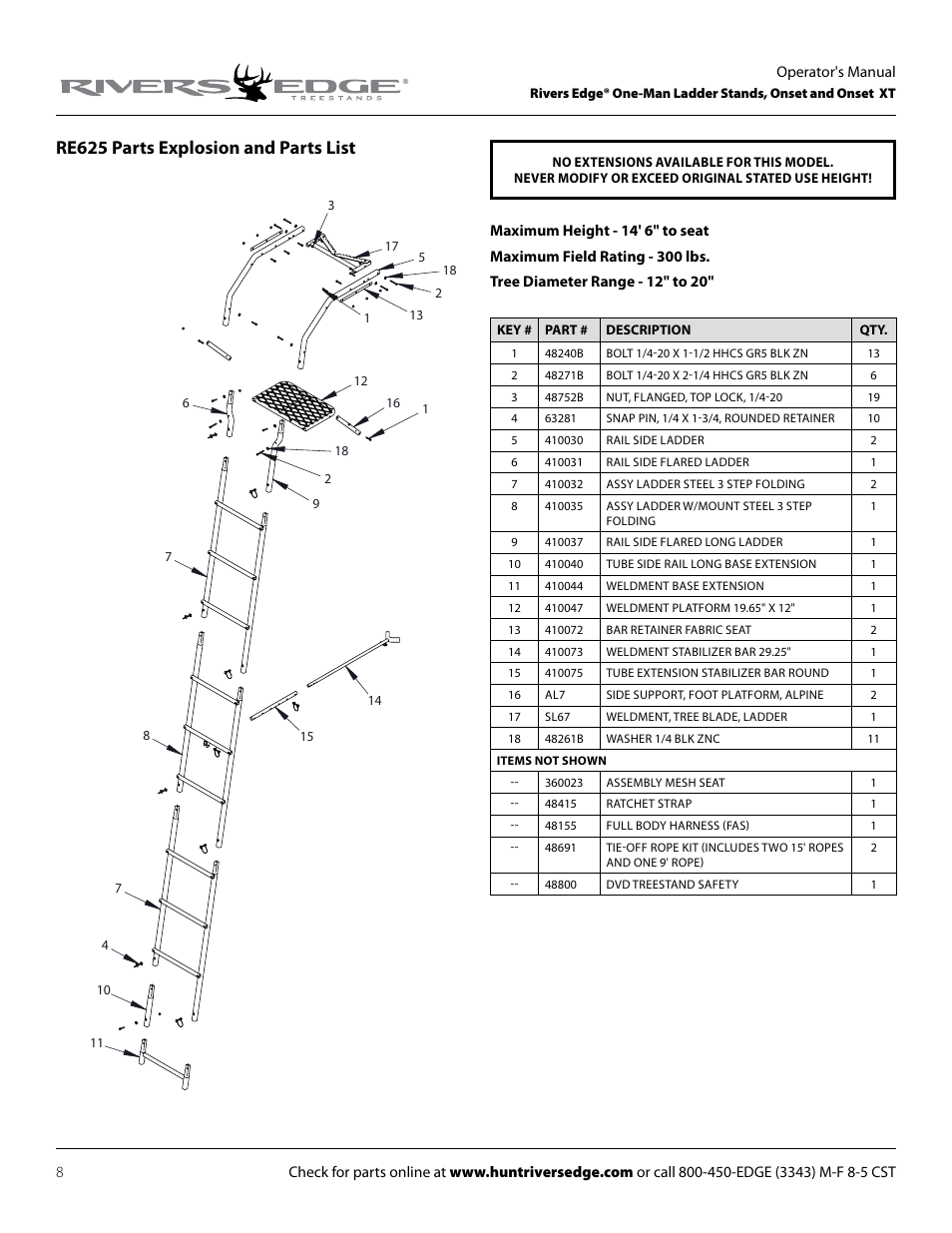 Re625 parts explosion and parts list | Rivers Edge RE625 Onset User Manual | Page 8 / 20