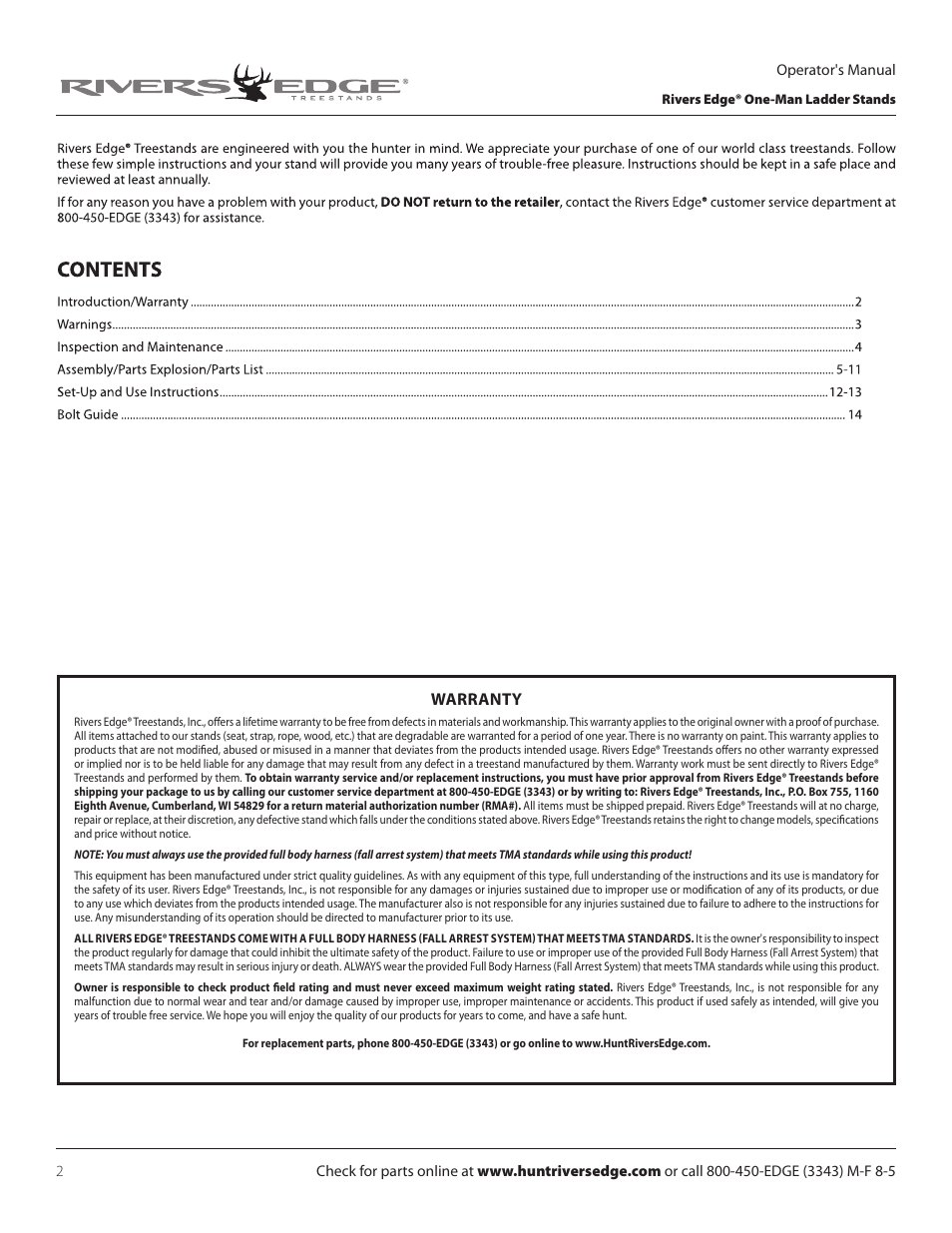 Warranty | Rivers Edge RE635 BOWMAN User Manual | Page 2 / 16