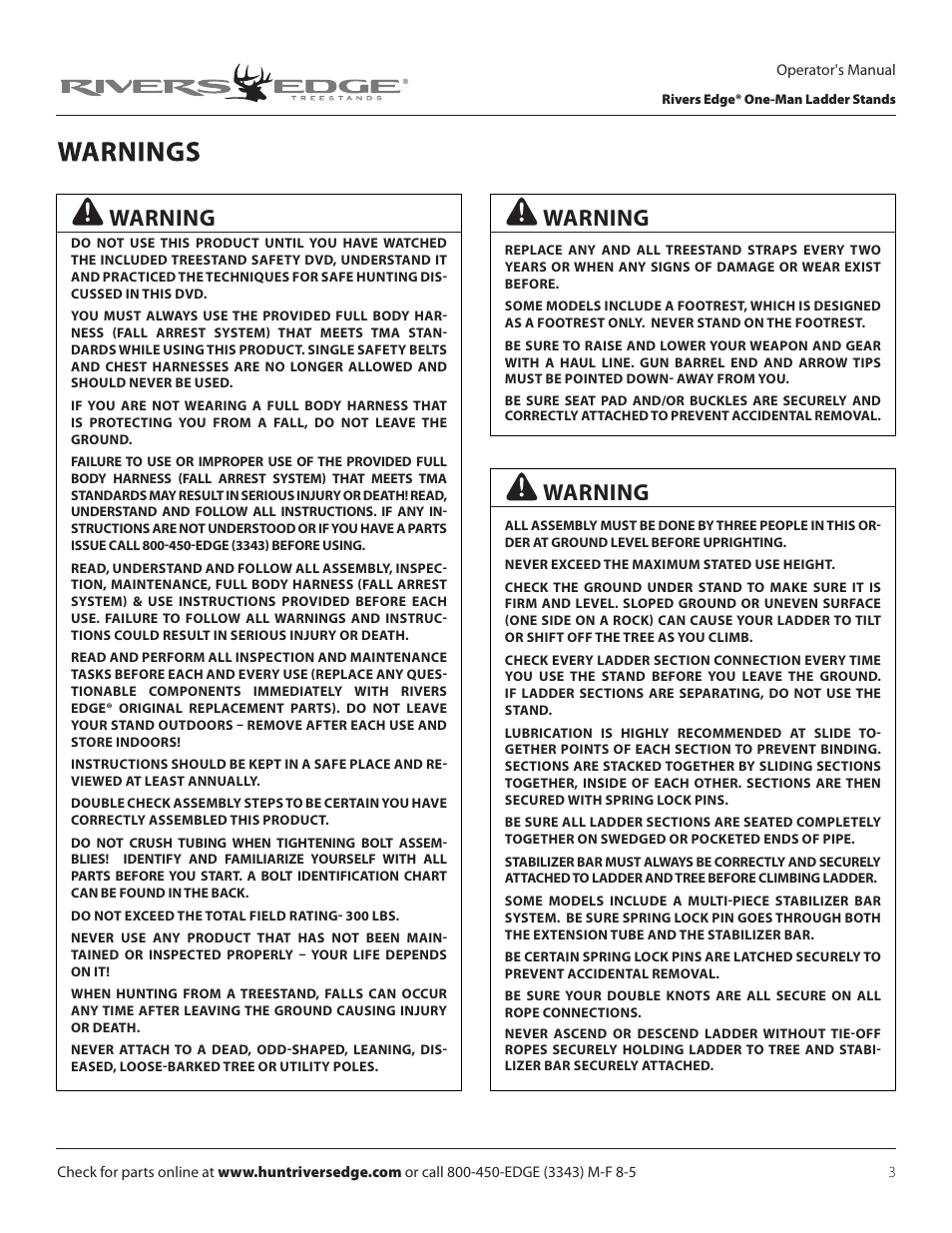 Warning | Rivers Edge RE635 BOWMAN User Manual | Page 3 / 16