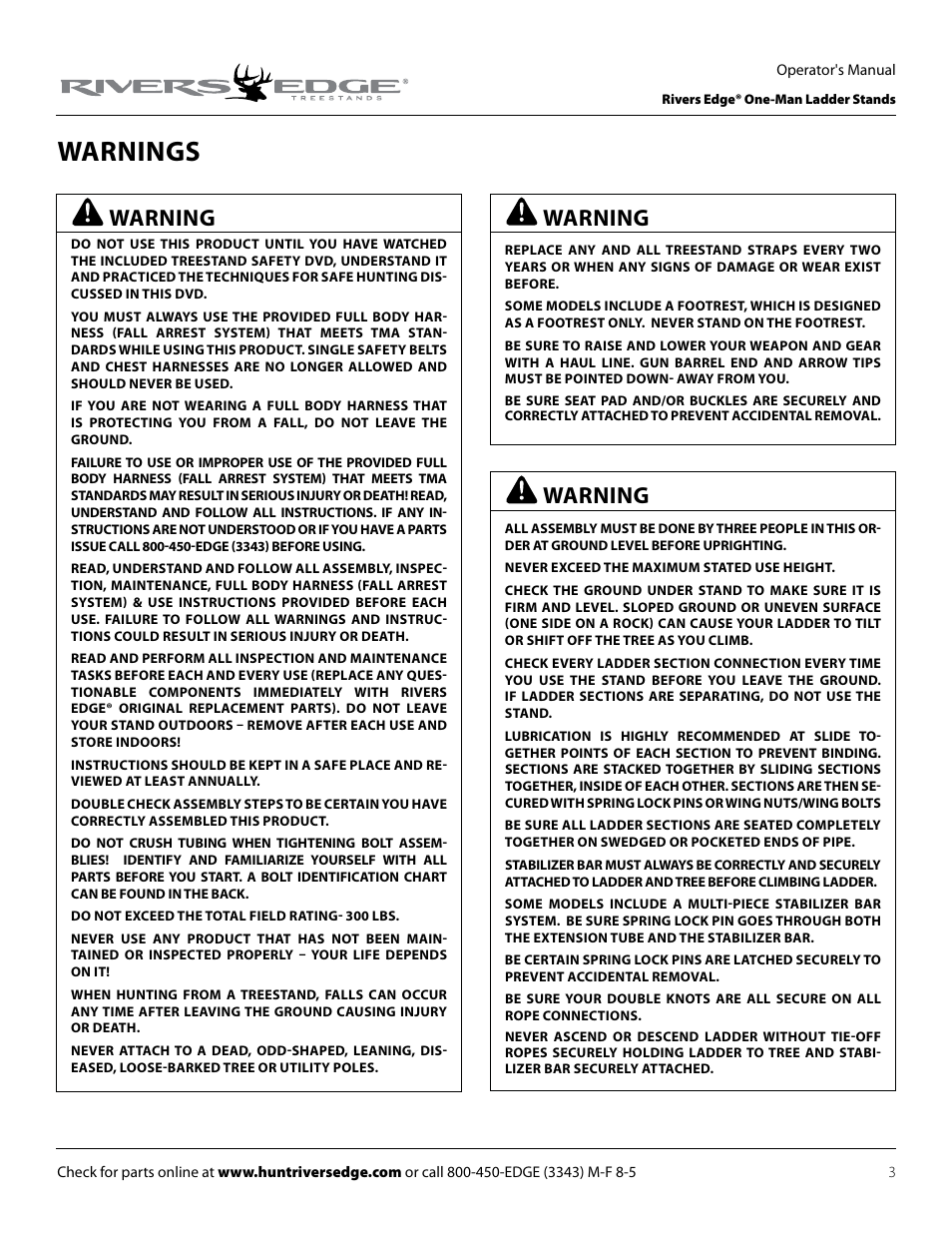 Warnings, Warning | Rivers Edge RE607 22' Timbershot User Manual | Page 3 / 40