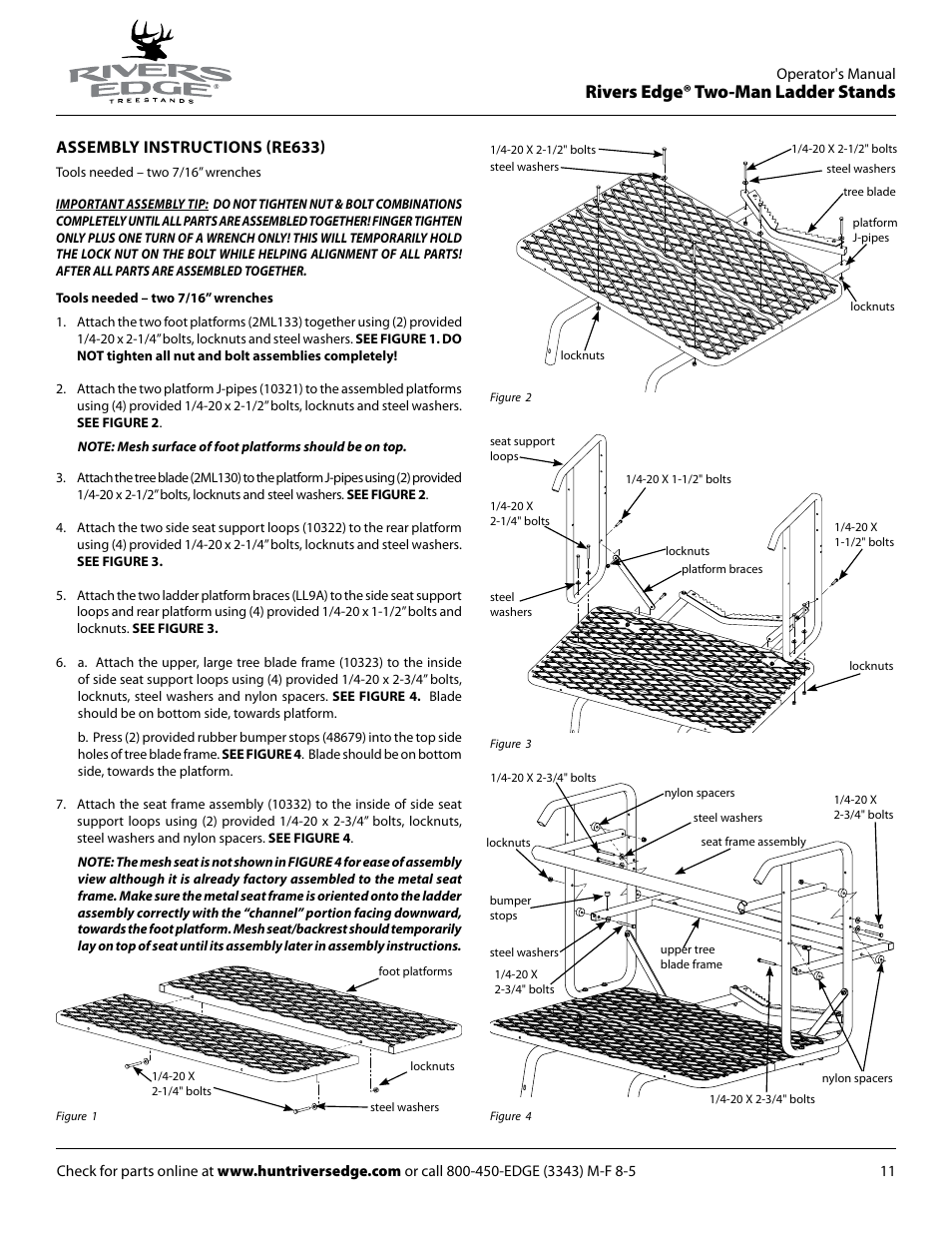 Rivers edge® two-man ladder stands, Assembly instructions (re633) | Rivers Edge RE634 2 MAN User Manual | Page 11 / 20