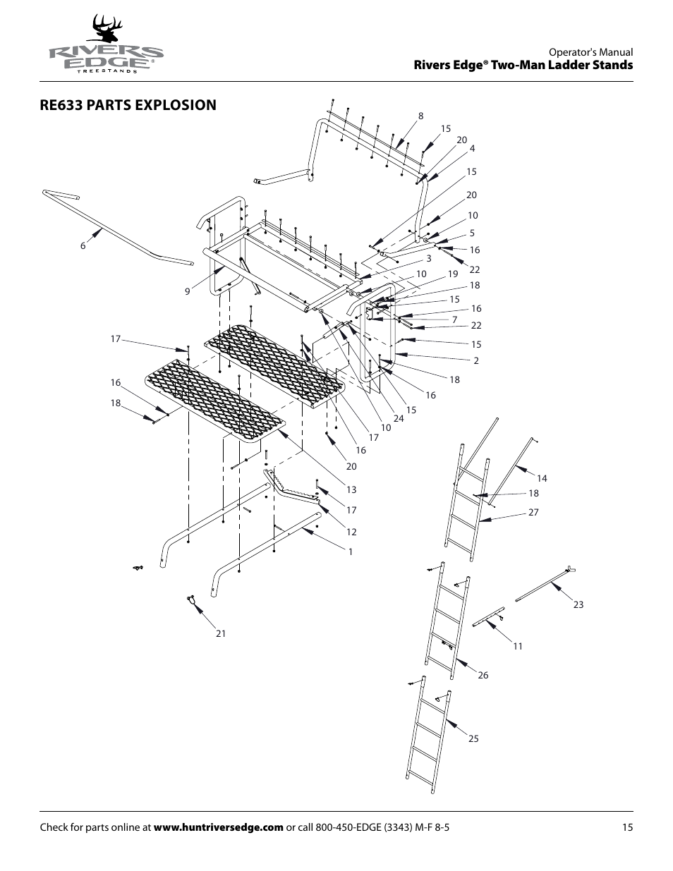 Re633 parts explosion, Rivers edge® two-man ladder stands | Rivers Edge RE634 2 MAN User Manual | Page 15 / 20