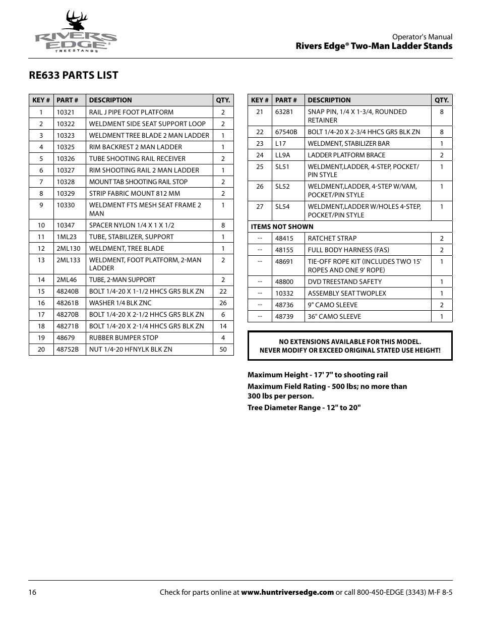 Re633 parts list, Rivers edge® two-man ladder stands | Rivers Edge RE634 2 MAN User Manual | Page 16 / 20