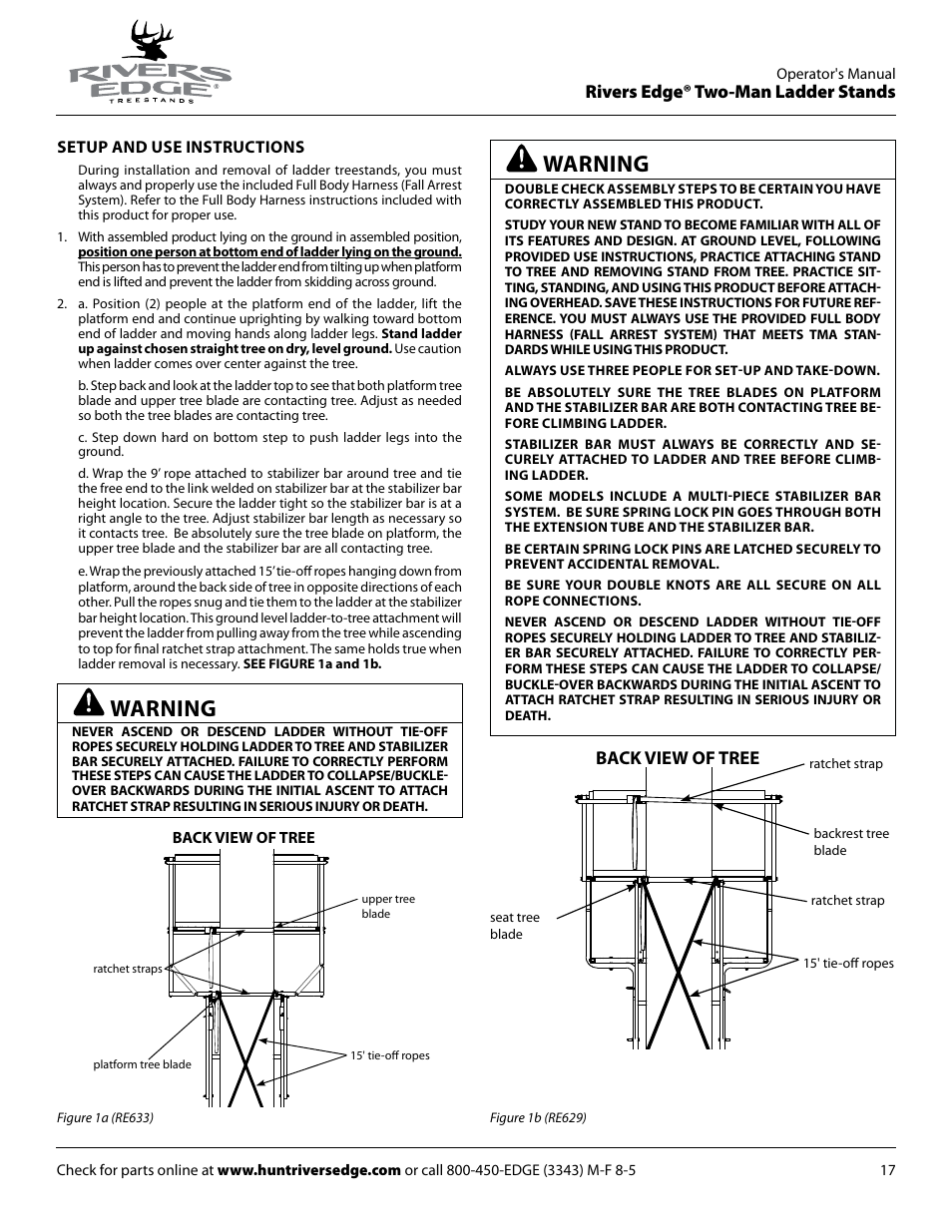 Warning, Rivers edge® two-man ladder stands, Back view of tree | Rivers Edge RE634 2 MAN User Manual | Page 17 / 20