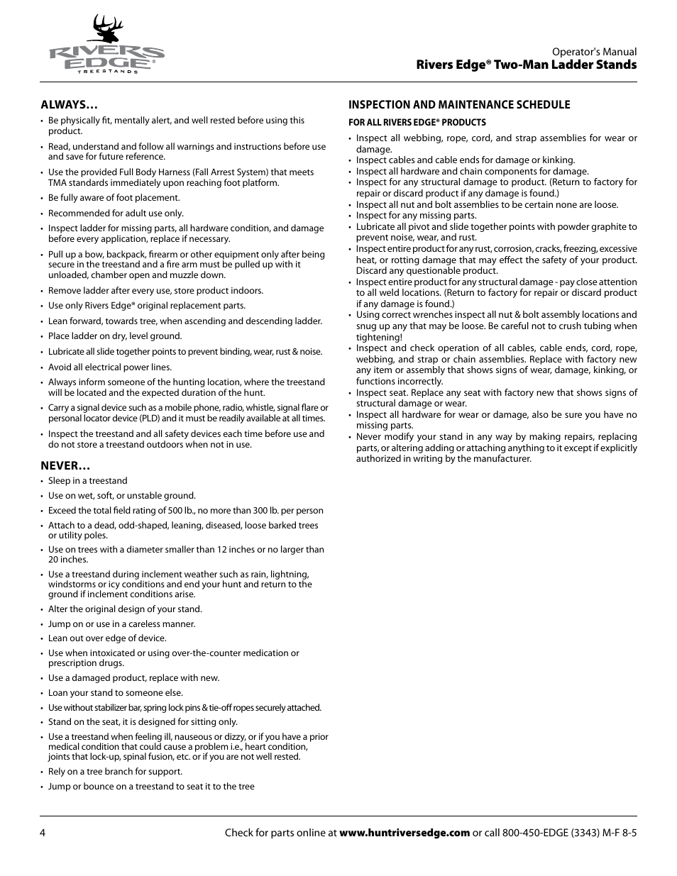 Rivers edge® two-man ladder stands | Rivers Edge RE634 2 MAN User Manual | Page 4 / 20