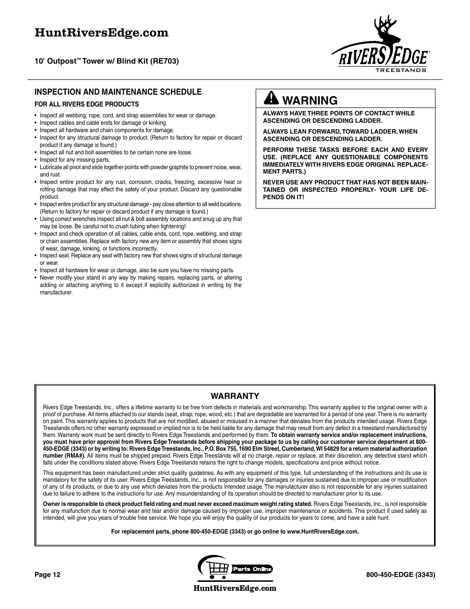 Warning, Warranty, Inspection and maintenance schedule | Rivers Edge RE703 Outpost User Manual | Page 12 / 20