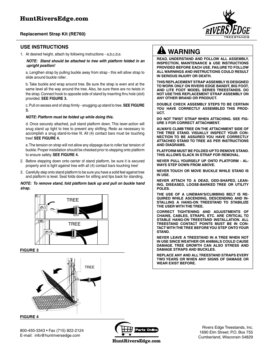 Warning, Use instructions | Rivers Edge RE760 Replacement Strap Kit User Manual | Page 2 / 2