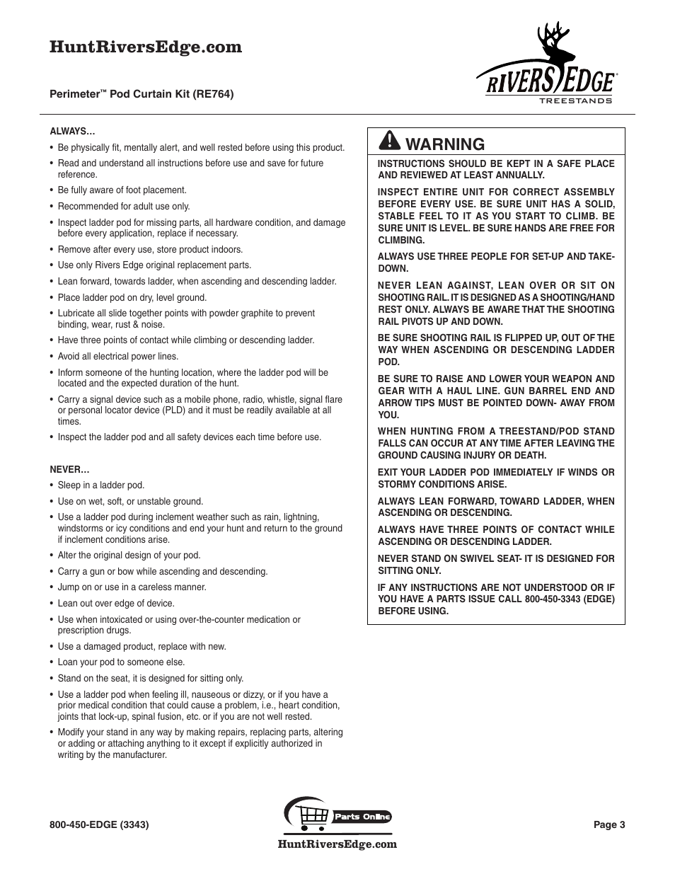 Warning | Rivers Edge RE764 Perimeter Pod Curtain User Manual | Page 3 / 4