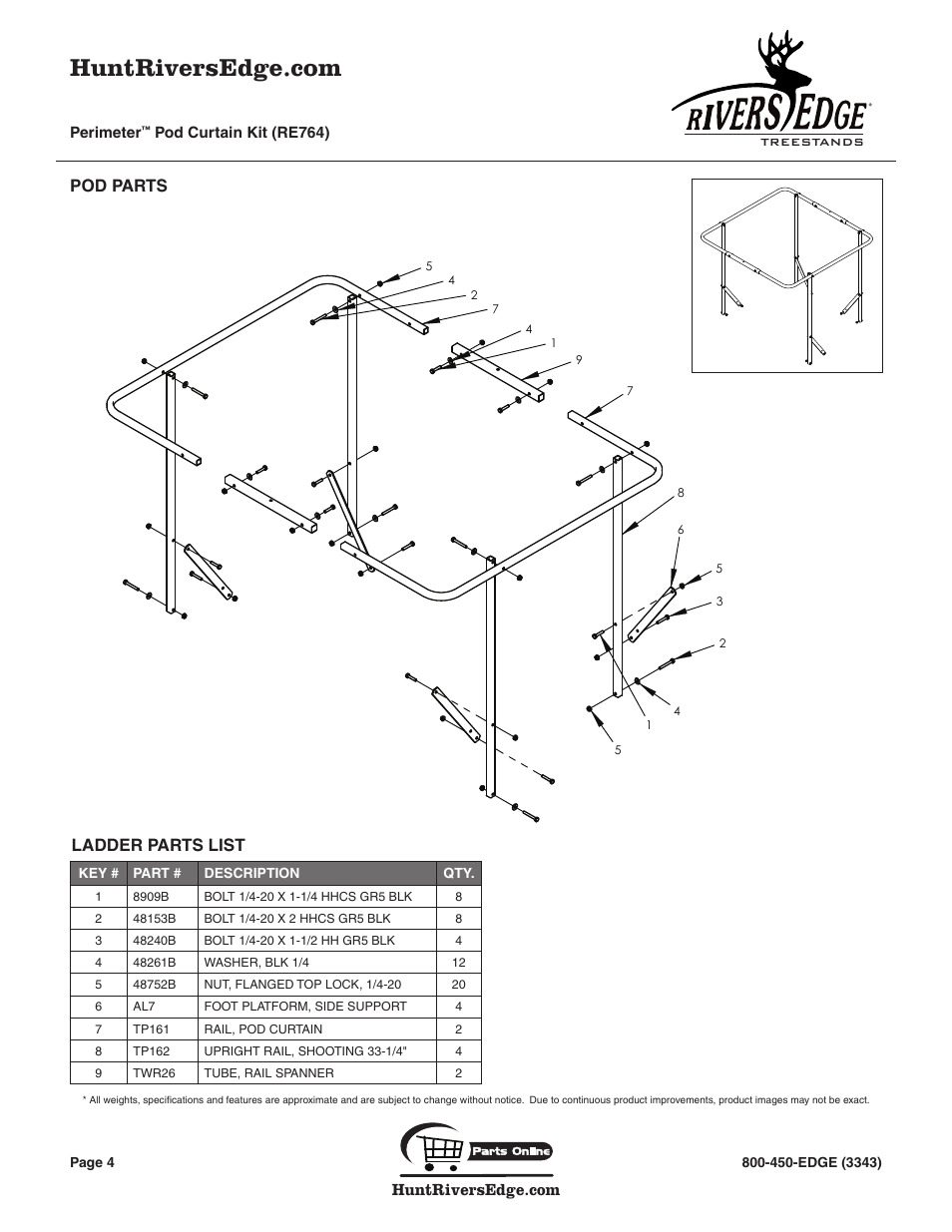 Pod parts, Ladder parts list, Perimeter | Pod curtain kit (re764) | Rivers Edge RE764 Perimeter Pod Curtain User Manual | Page 4 / 4