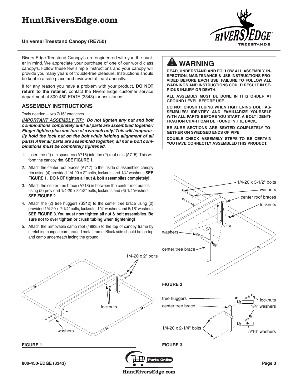 Warning | Rivers Edge RE750 Universal Treestand Canopy User Manual | Page 3 / 8