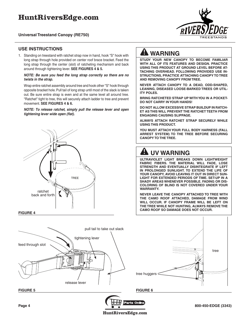 Warning, Uv warning | Rivers Edge RE750 Universal Treestand Canopy User Manual | Page 4 / 8