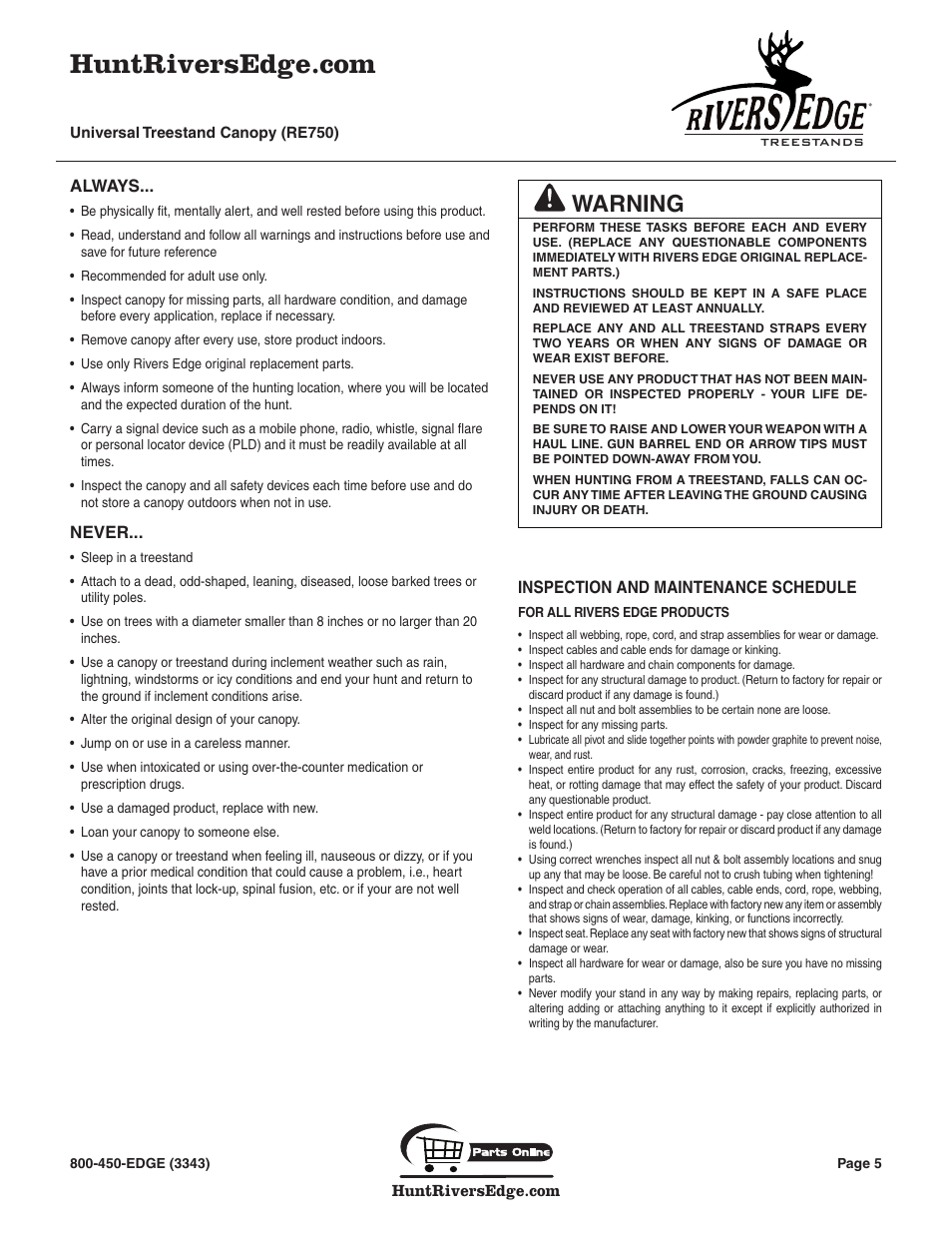 Warning | Rivers Edge RE750 Universal Treestand Canopy User Manual | Page 5 / 8