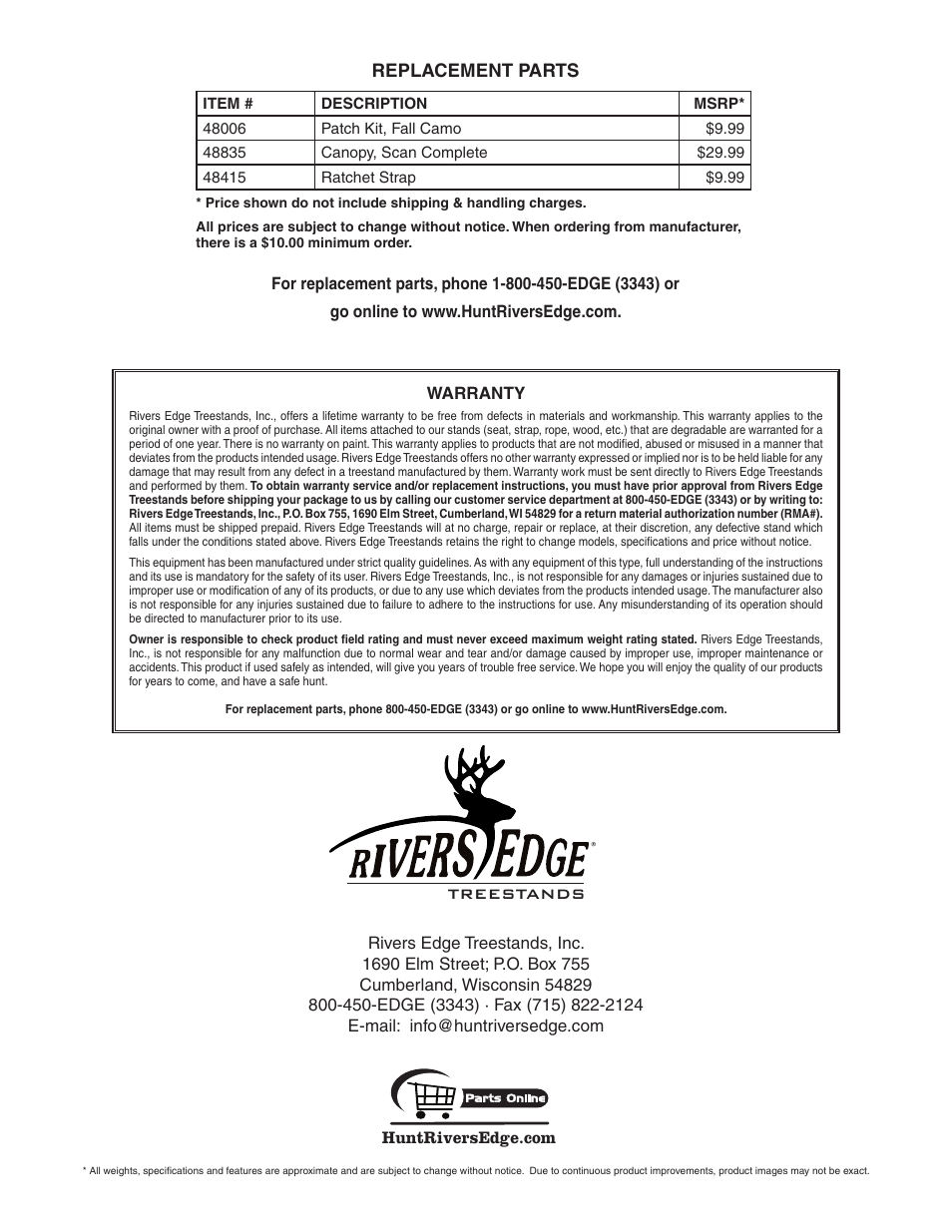 Treestands, Replacement parts | Rivers Edge RE750 Universal Treestand Canopy User Manual | Page 8 / 8