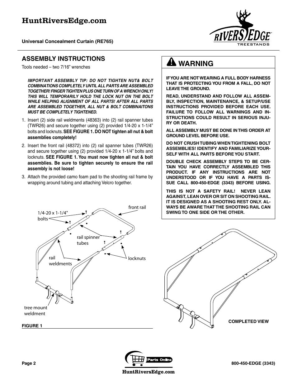 Warning, Assembly instructions | Rivers Edge RE765 Universal Concealment Curtain User Manual | Page 2 / 8