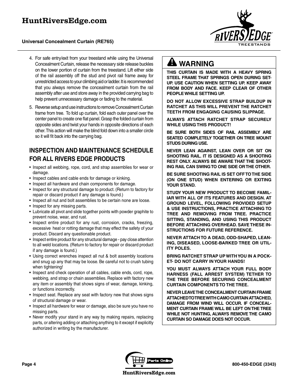 Warning | Rivers Edge RE765 Universal Concealment Curtain User Manual | Page 4 / 8