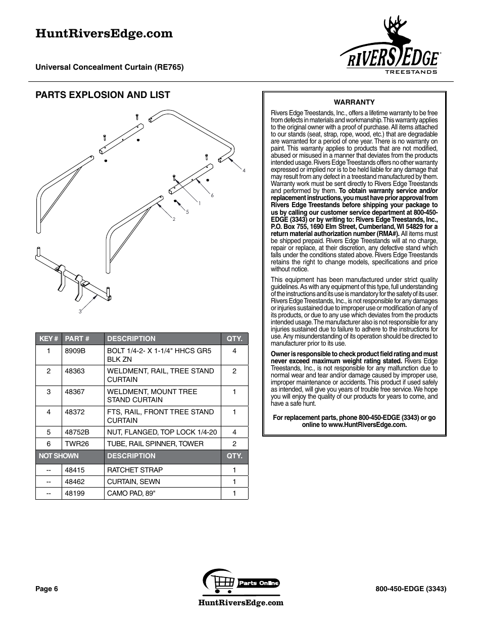 Parts explosion and list | Rivers Edge RE765 Universal Concealment Curtain User Manual | Page 6 / 8