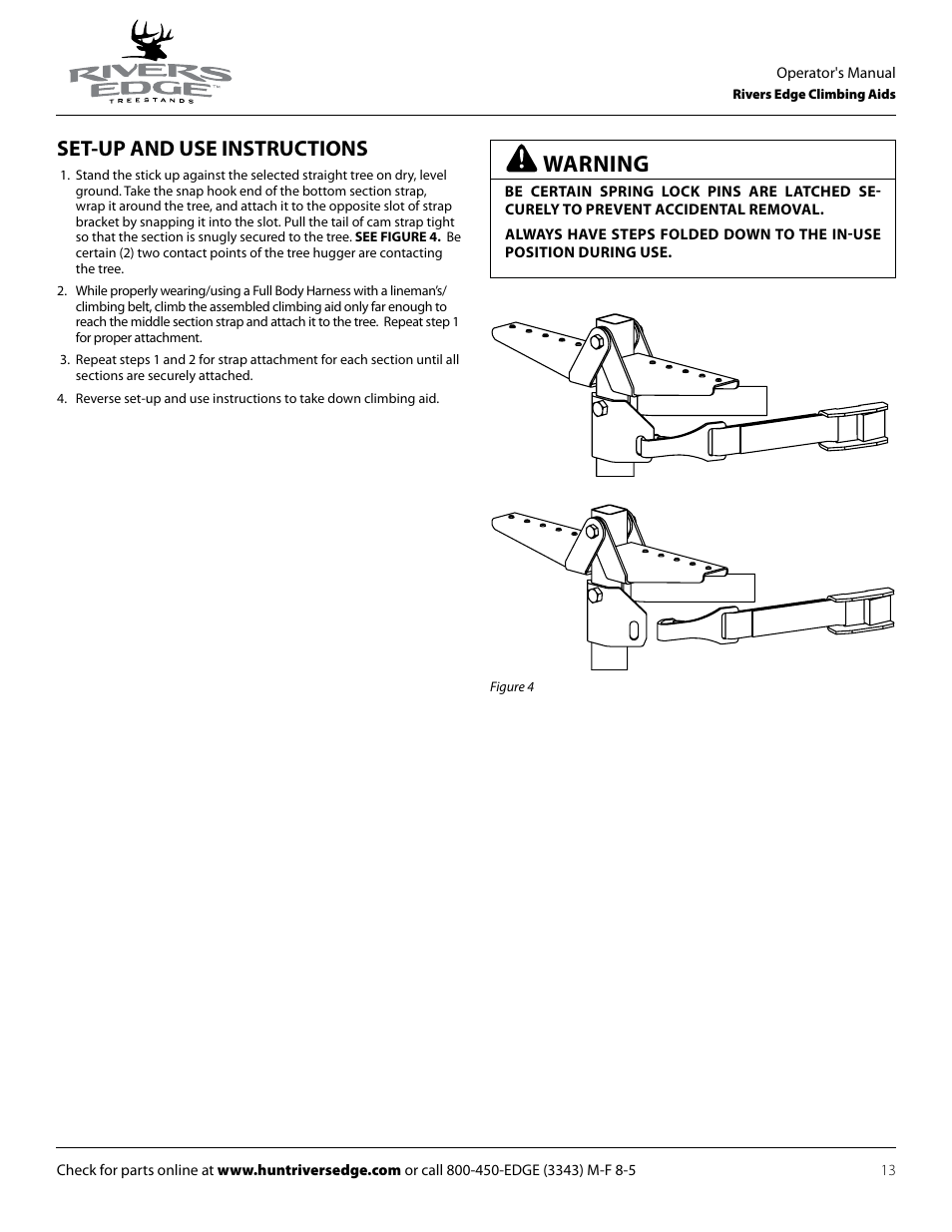 Warning, Set-up and use instructions | Rivers Edge RE722 5' EXT FOR DOUBLE RUNG CLIMBING AID User Manual | Page 13 / 20