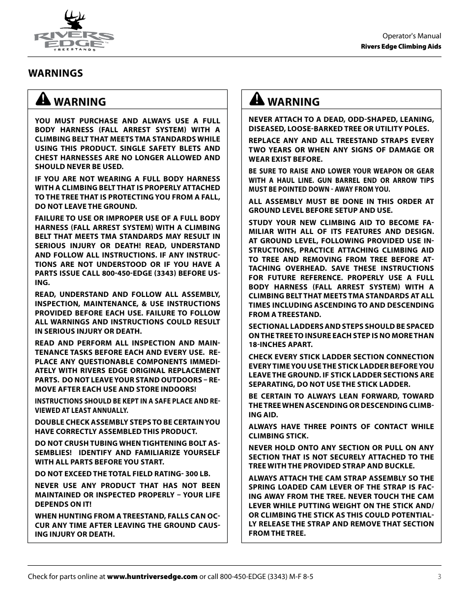 Warning, Warnings | Rivers Edge RE722 5' EXT FOR DOUBLE RUNG CLIMBING AID User Manual | Page 3 / 20