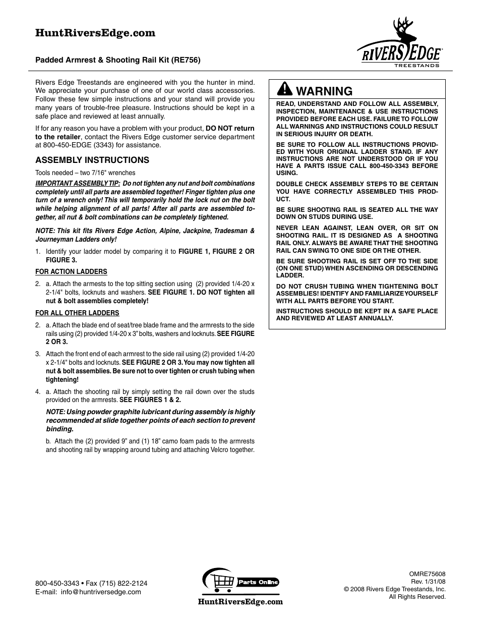 Rivers Edge RE756 PADDED ARMREST_SHOOTING RAIL KIT User Manual | 2 pages