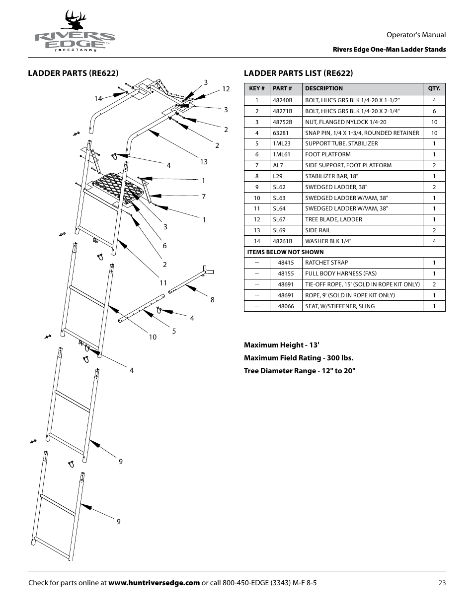 Ladder parts (re622), Ladder parts list (re622) | Rivers Edge RE602 JOURNEYMAN User Manual | Page 23 / 48