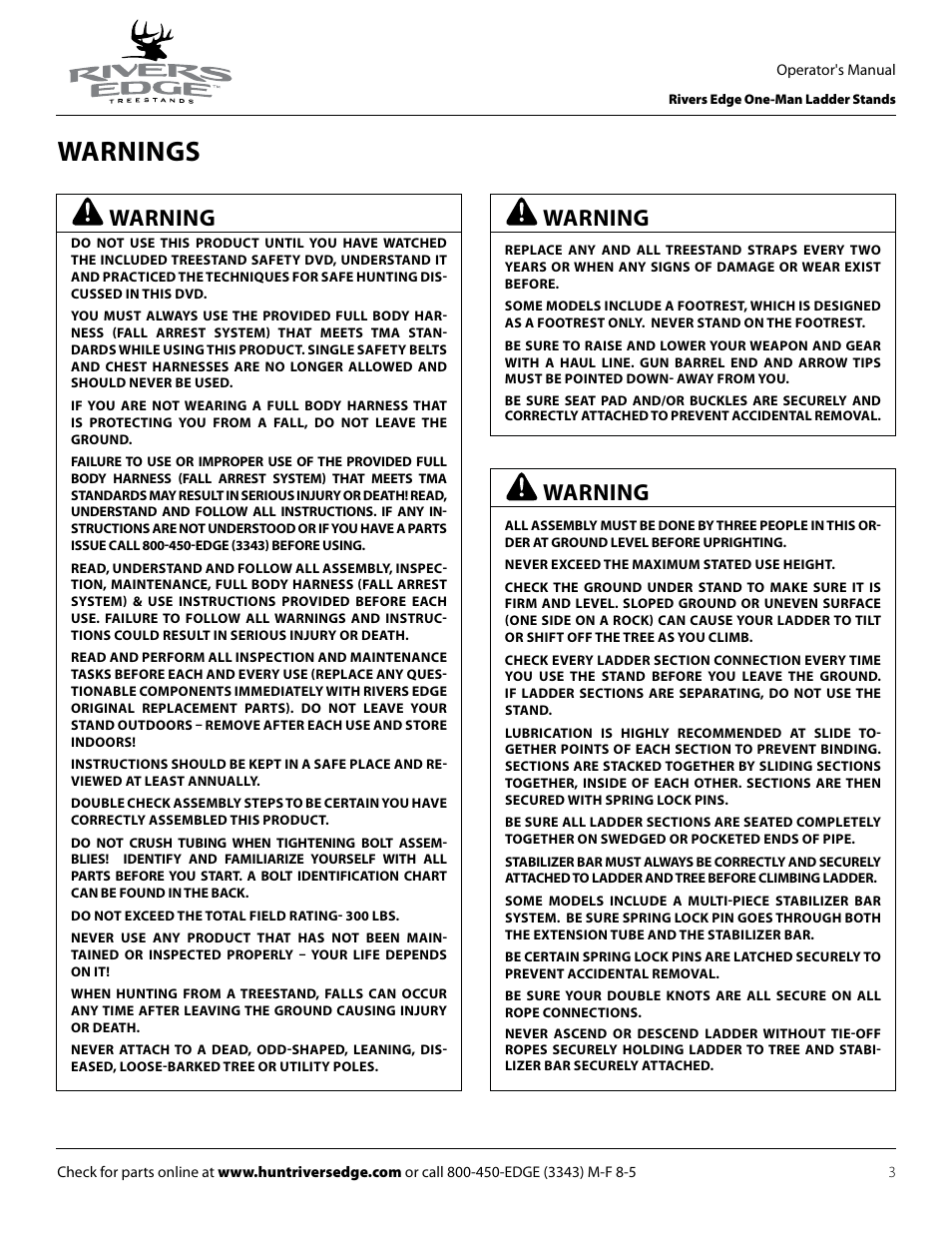 Warnings, Warning | Rivers Edge RE602 JOURNEYMAN User Manual | Page 3 / 48