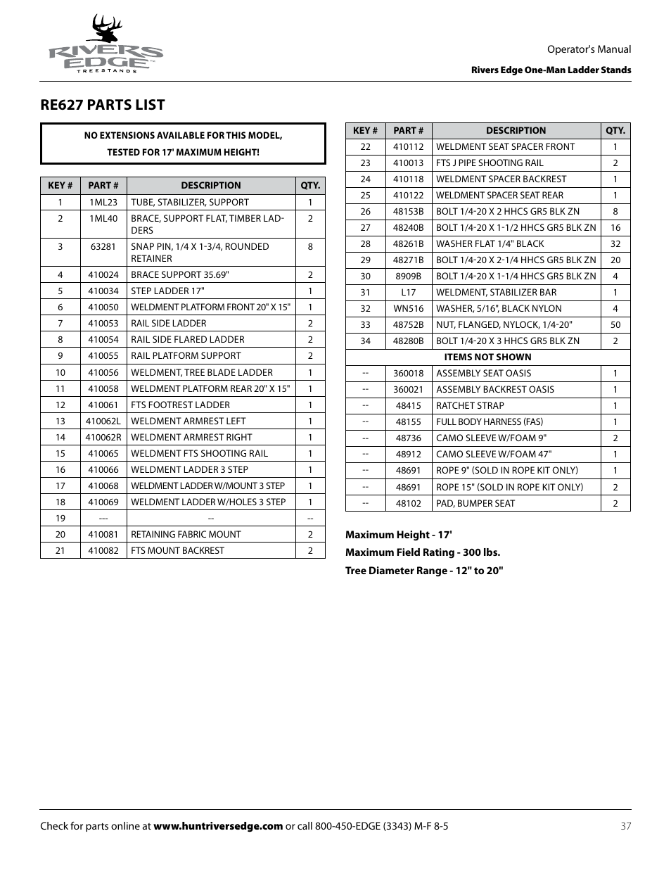 Re627 parts list | Rivers Edge RE602 JOURNEYMAN User Manual | Page 37 / 48