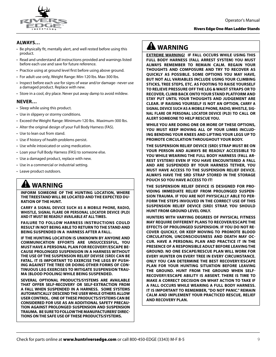 Warning | Rivers Edge RE602 JOURNEYMAN User Manual | Page 9 / 48