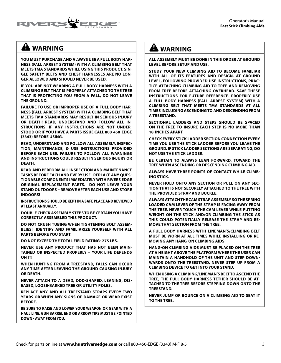 Warning | Rivers Edge RE715 Fast Stick User Manual | Page 3 / 8