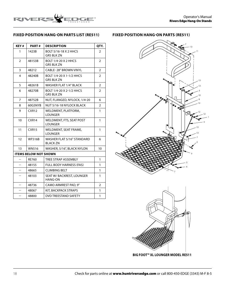 Fixed position hang-on parts (re511), Fixed position hang-on parts list (re511) | Rivers Edge RE509 Big Foot XLT User Manual | Page 18 / 20