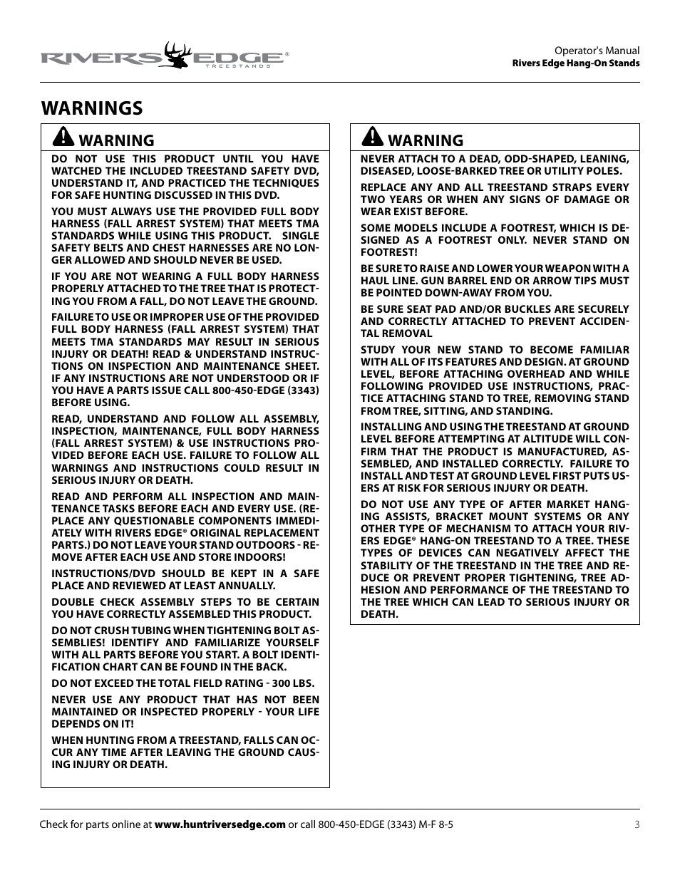 Warnings, Warning | Rivers Edge RE509 Big Foot XLT User Manual | Page 3 / 20