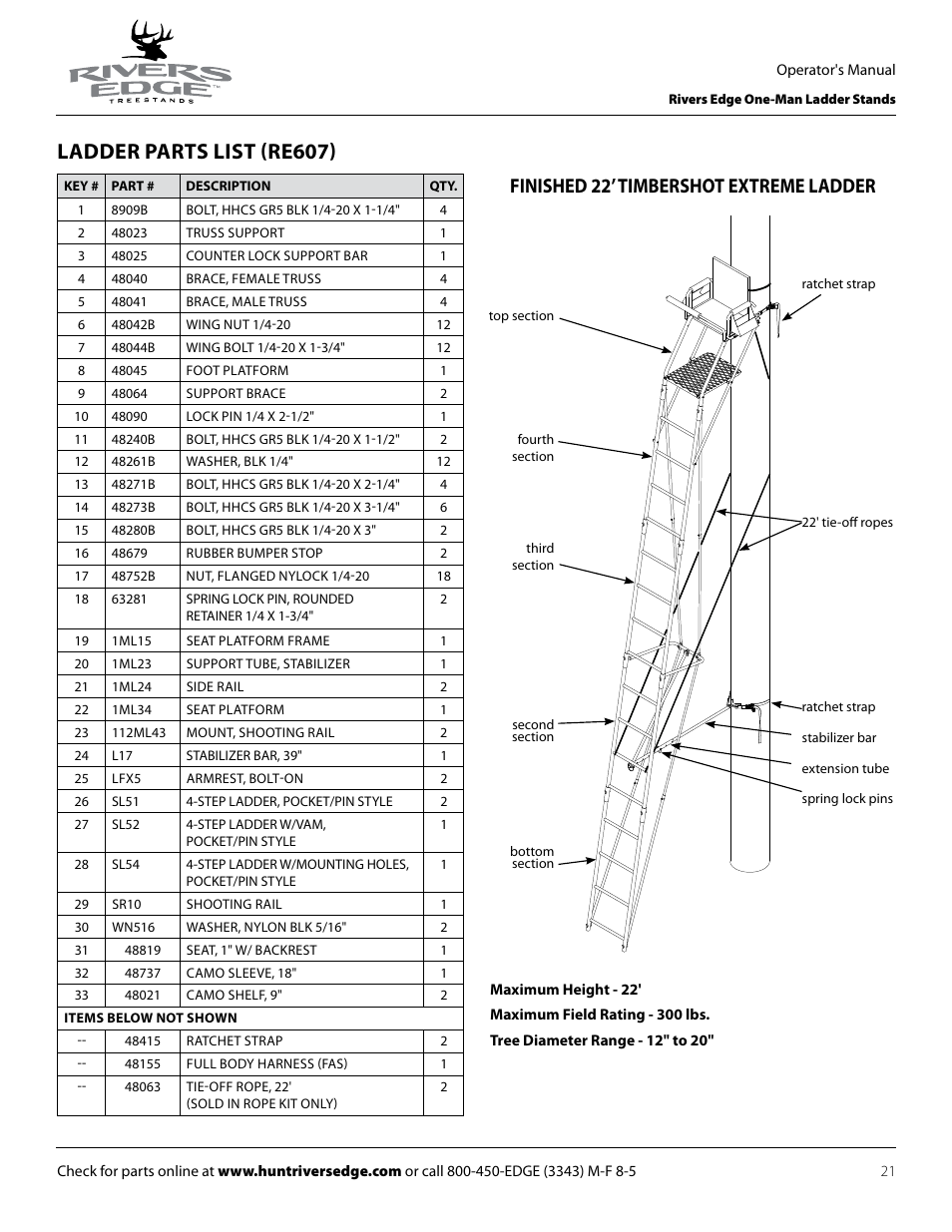 Ladder parts list (re607), Finished 22’ timbershot extreme ladder | Rivers Edge RE619 LumberJack Extrme User Manual | Page 21 / 44