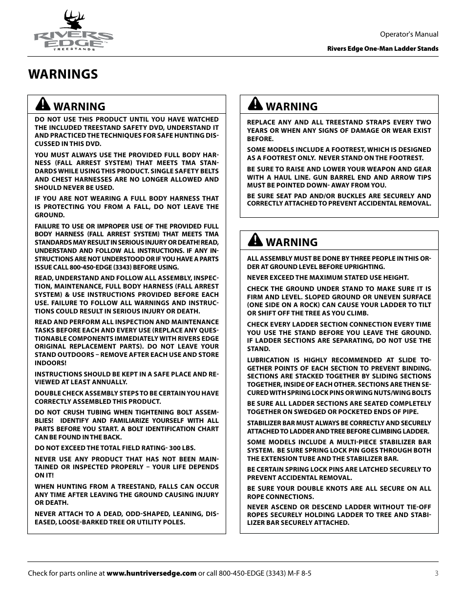 Warnings, Warning | Rivers Edge RE619 LumberJack Extrme User Manual | Page 3 / 44