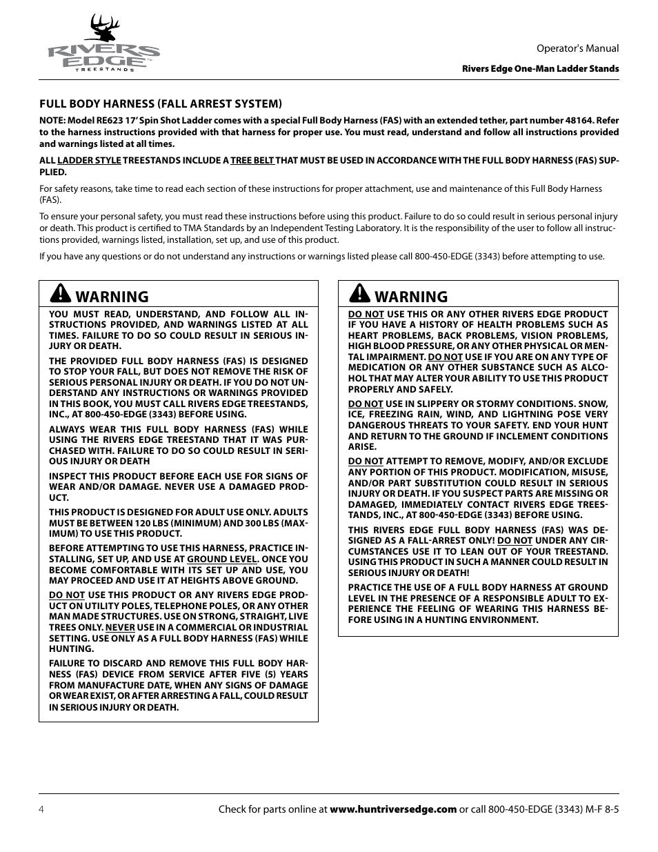 Warning | Rivers Edge RE619 LumberJack Extrme User Manual | Page 4 / 44