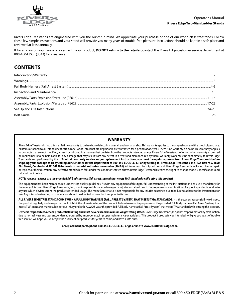 Rivers Edge RE629 15' 2-Man Ladder Stand User Manual | Page 2 / 28