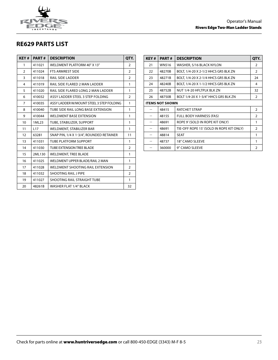Re629 parts list | Rivers Edge RE629 15' 2-Man Ladder Stand User Manual | Page 23 / 28