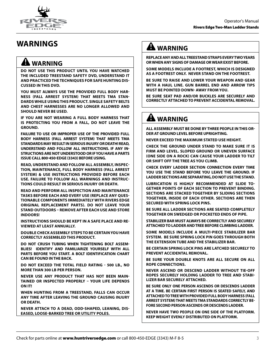 Warnings, Warning | Rivers Edge RE629 15' 2-Man Ladder Stand User Manual | Page 3 / 28