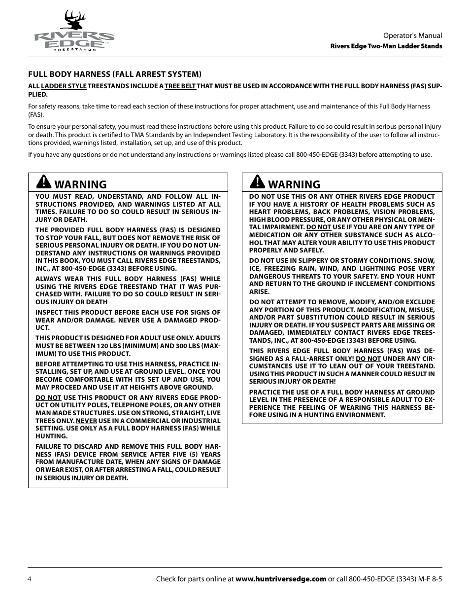 Warning | Rivers Edge RE629 15' 2-Man Ladder Stand User Manual | Page 4 / 28