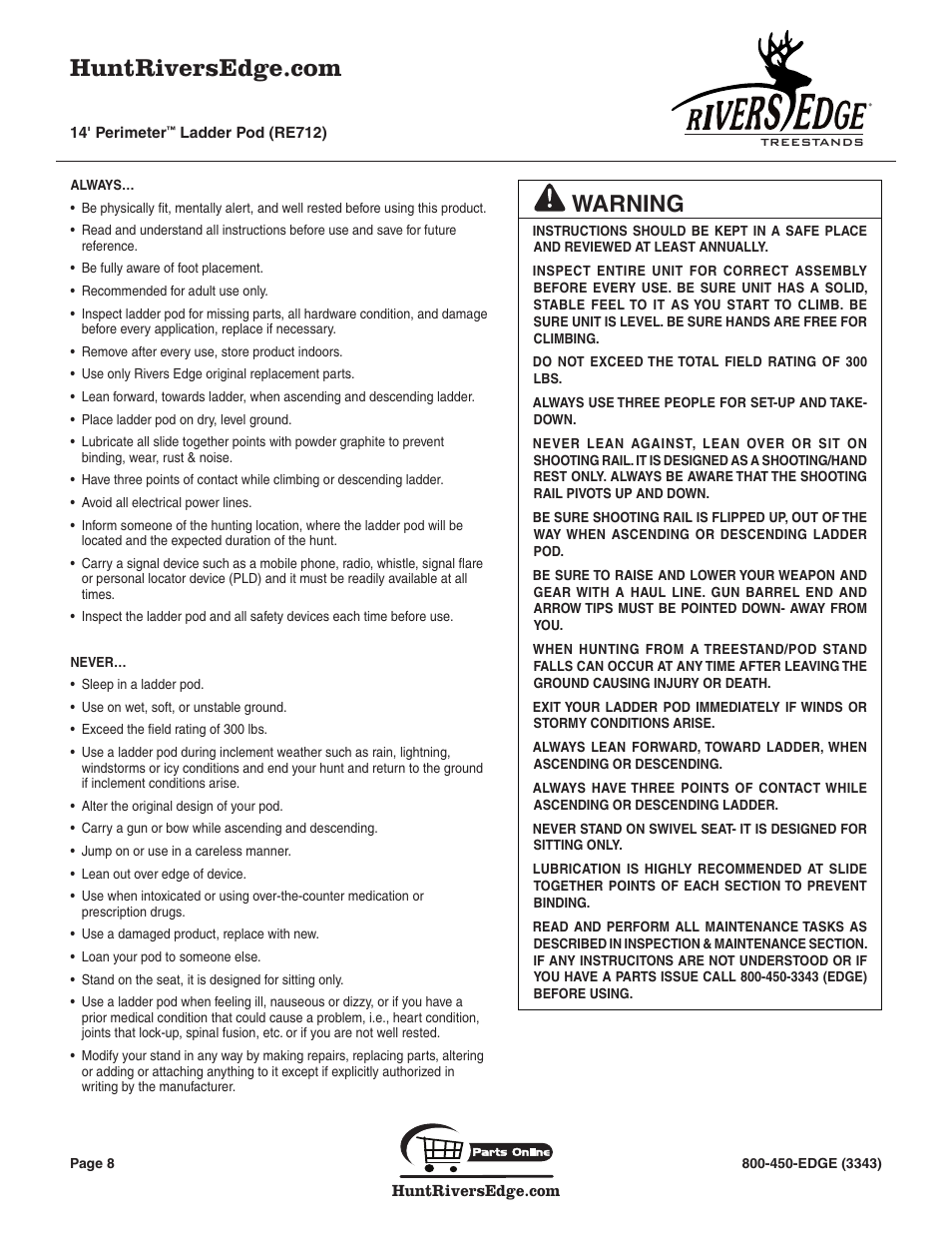 Warning | Rivers Edge RE712 14' PERIMETER User Manual | Page 8 / 12