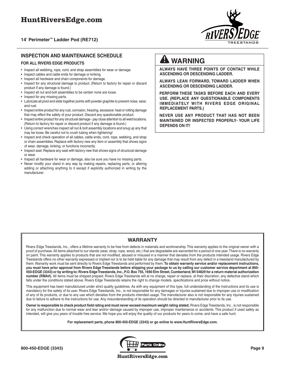 Warning, Inspection and maintenance schedule, Warranty | Rivers Edge RE712 14' PERIMETER User Manual | Page 9 / 12