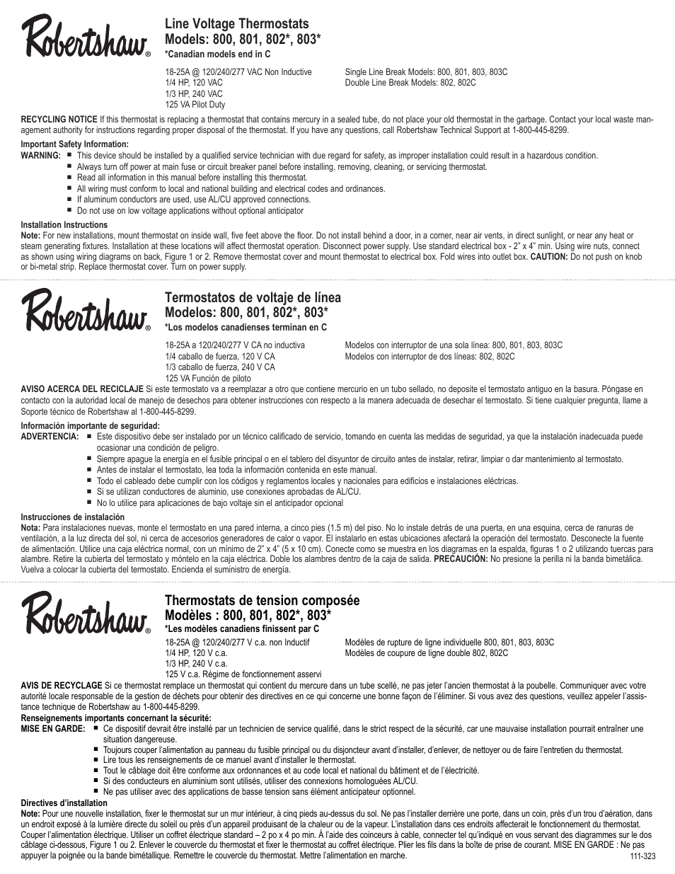 Robertshaw 803 User Manual | 2 pages