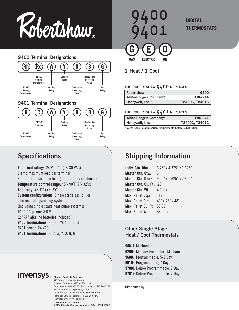 Shipping information, Specifications | Robertshaw 9401 User Manual | Page 2 / 2