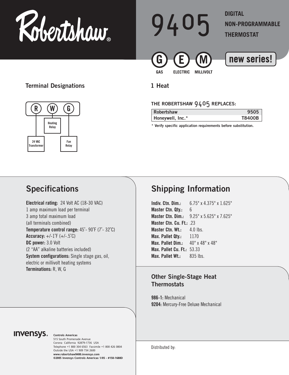 New series, Shipping information, Specifications | Robertshaw 9405 User Manual | Page 2 / 2