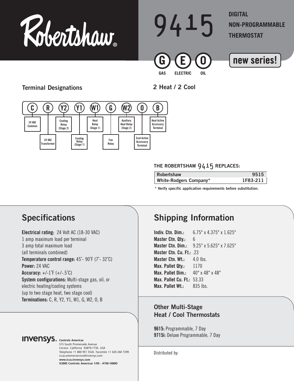 New series, Shipping information, Specifications | Robertshaw 9415 User Manual | Page 2 / 2