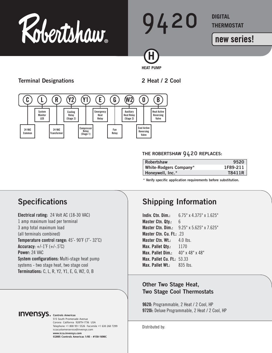 New series, Shipping information, Specifications | Robertshaw 9420 User Manual | Page 2 / 2