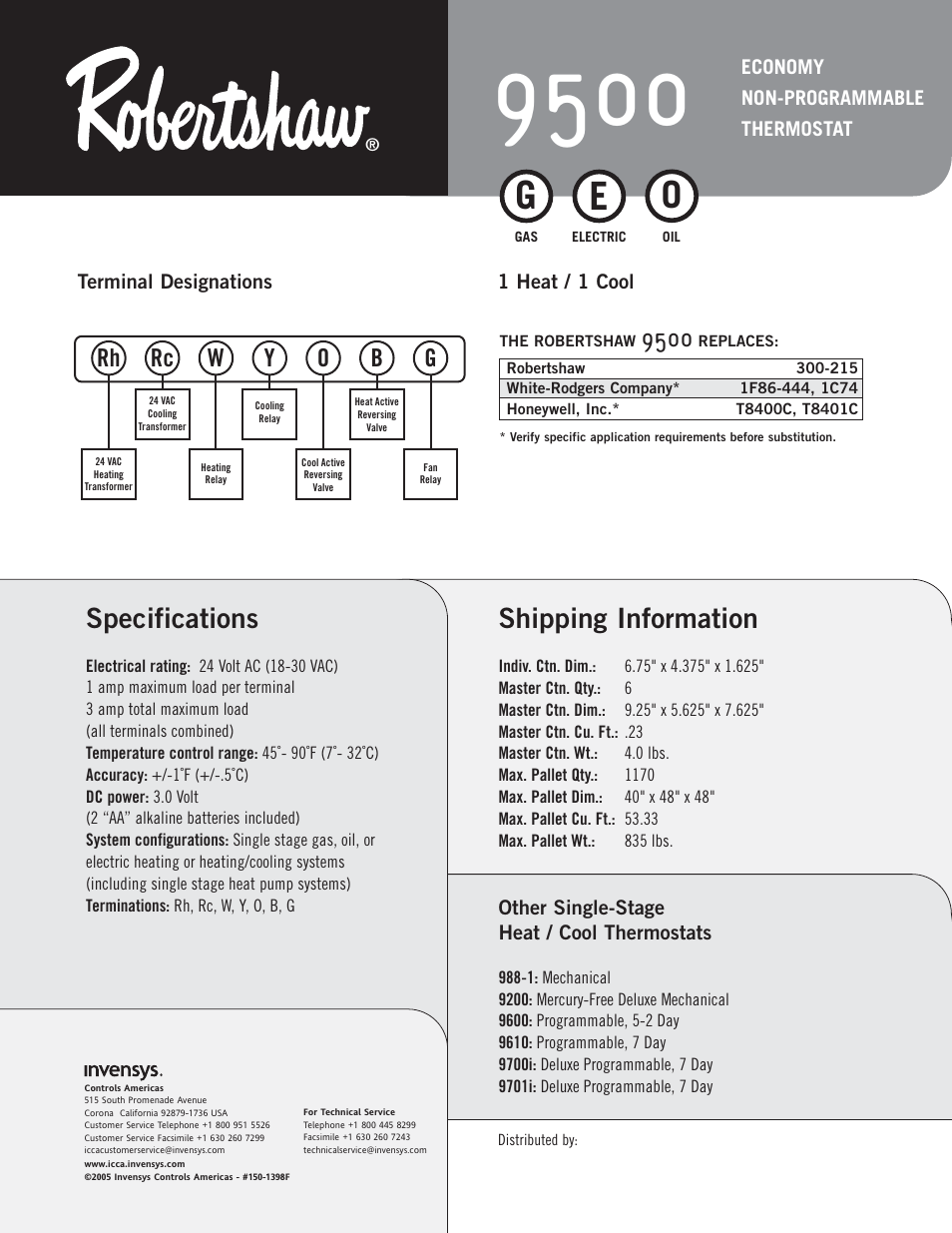 Shipping information, Specifications | Robertshaw 9500 User Manual | Page 2 / 2